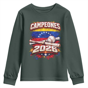 Venezuela Campeones 2026 Baseball Championship Youth Sweatshirt Vintage Venezuelan Flag TS11 Dark Forest Green Print Your Wear