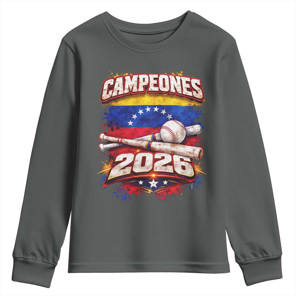 Venezuela Campeones 2026 Baseball Championship Youth Sweatshirt Vintage Venezuelan Flag TS11 Dark Heather Print Your Wear