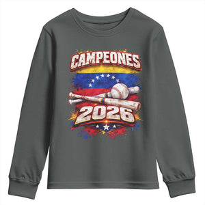 Venezuela Campeones 2026 Baseball Championship Youth Sweatshirt Vintage Venezuelan Flag TS11 Dark Heather Print Your Wear