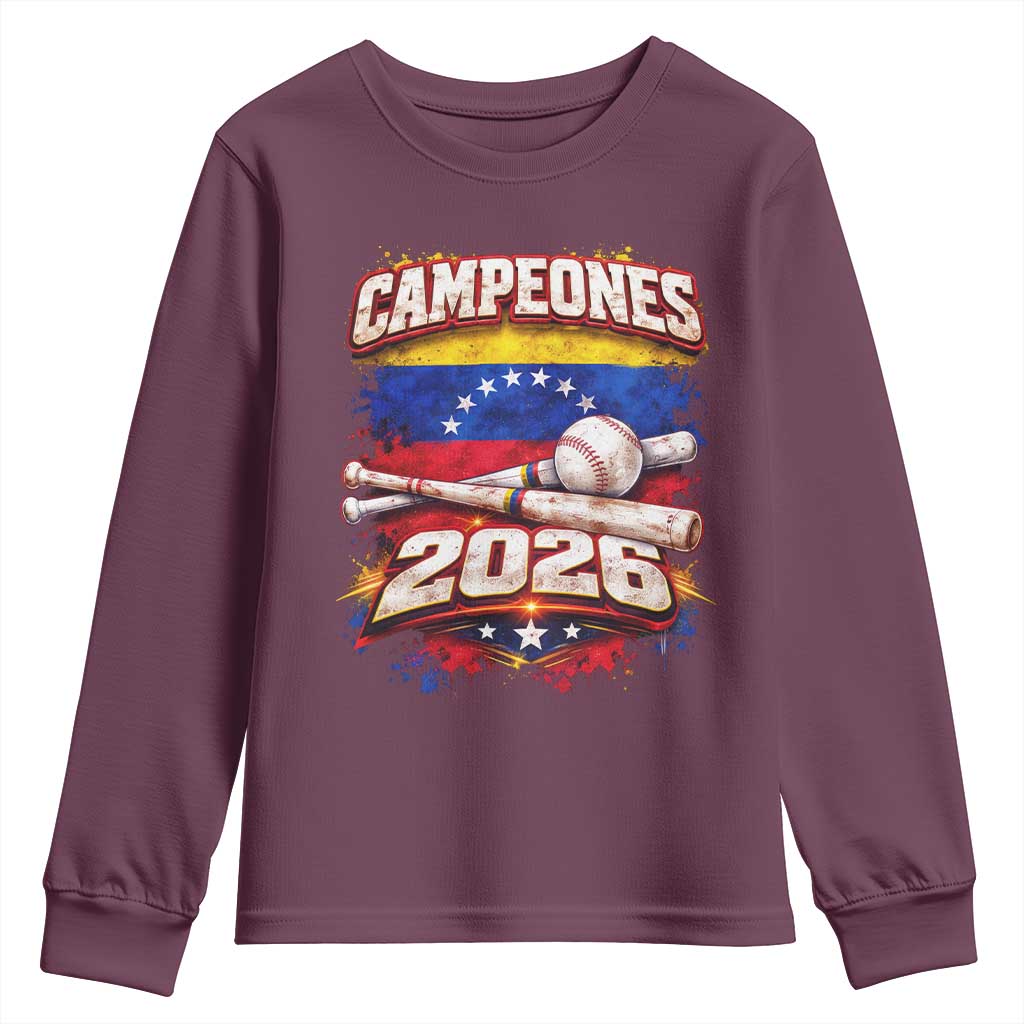 Venezuela Campeones 2026 Baseball Championship Youth Sweatshirt Vintage Venezuelan Flag TS11 Maroon Print Your Wear