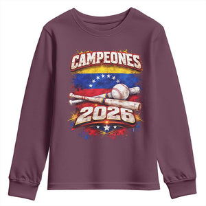 Venezuela Campeones 2026 Baseball Championship Youth Sweatshirt Vintage Venezuelan Flag TS11 Maroon Print Your Wear