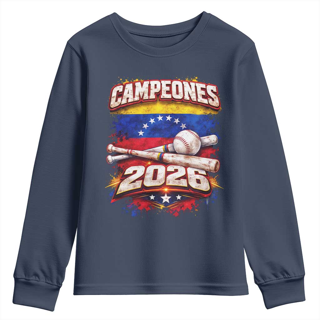 Venezuela Campeones 2026 Baseball Championship Youth Sweatshirt Vintage Venezuelan Flag TS11 Navy Print Your Wear