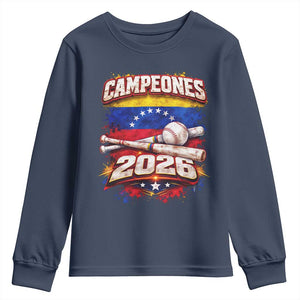 Venezuela Campeones 2026 Baseball Championship Youth Sweatshirt Vintage Venezuelan Flag TS11 Navy Print Your Wear