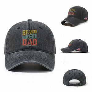 Funny Bearded Inked Dad Like A Normal Dad But Badass Washed Cotton Baseball Cap Father's Day TS11 Washed Cap Universal Fit Dark Gray Print Your Wear