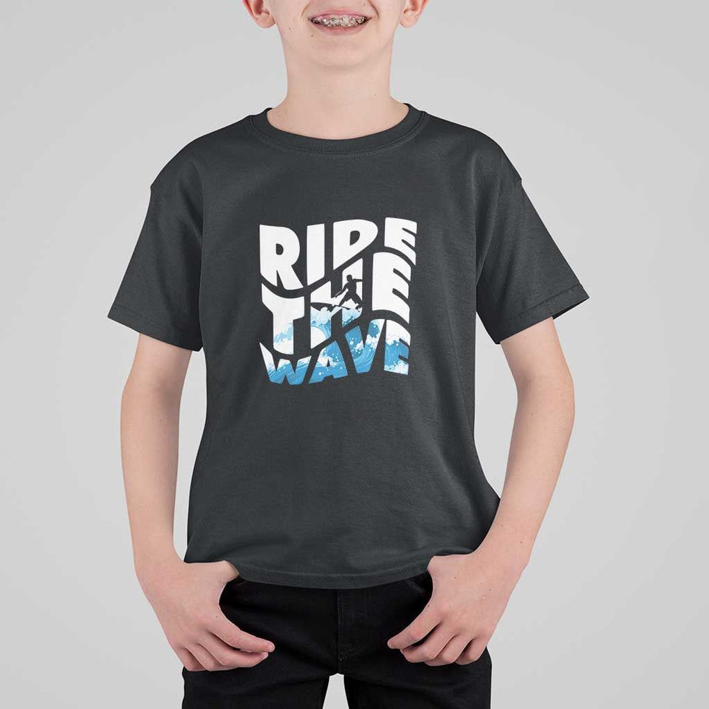 Surfing T Shirt For Kid Ride The Wave Surfer Boardsport Wave TS11 Black Print Your Wear