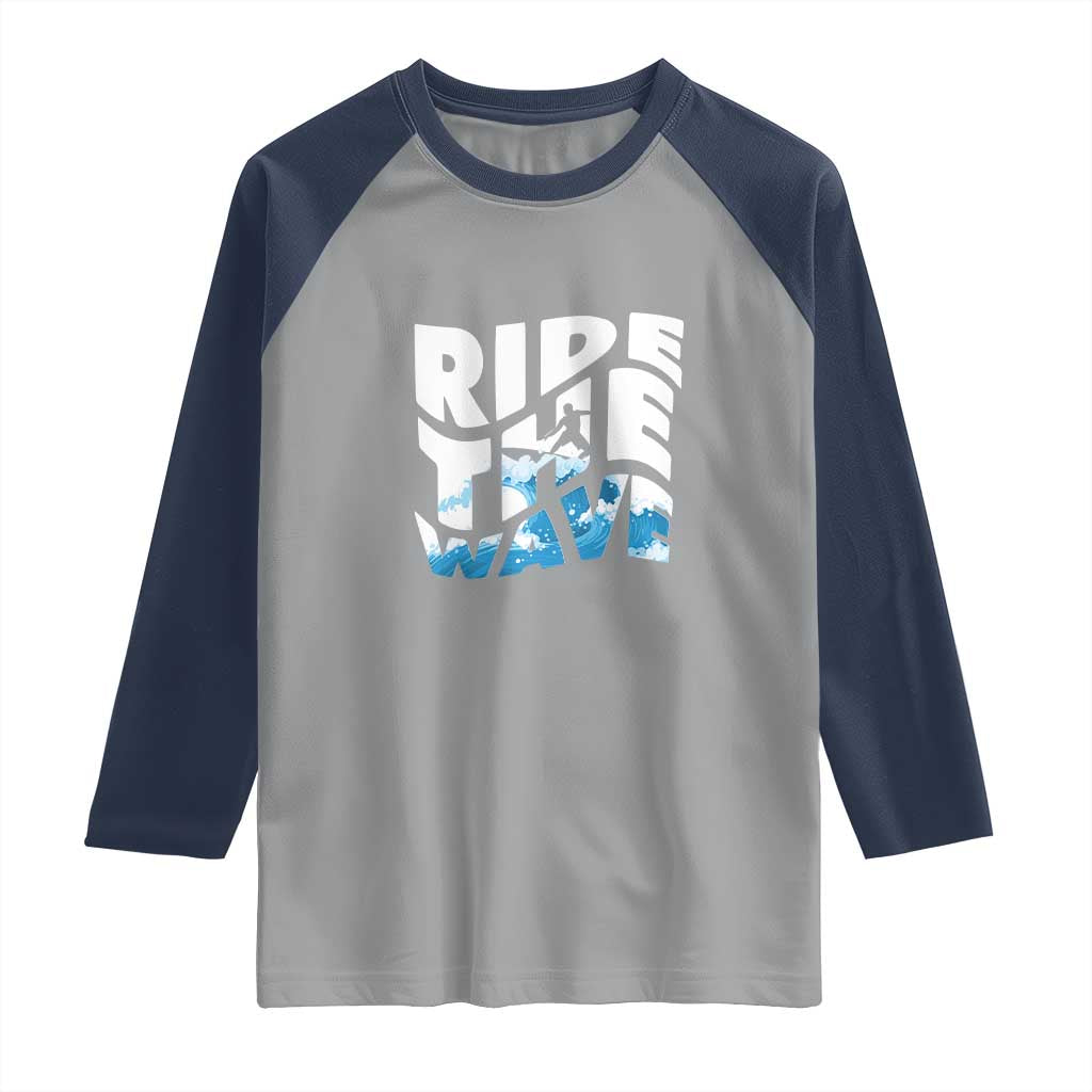Surfing Raglan Shirt Ride The Wave Surfer Boardsport Wave TS11 Sport Gray Navy Print Your Wear