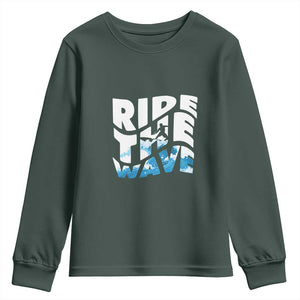 Surfing Youth Sweatshirt Ride The Wave Surfer Boardsport Wave TS11 Dark Forest Green Print Your Wear