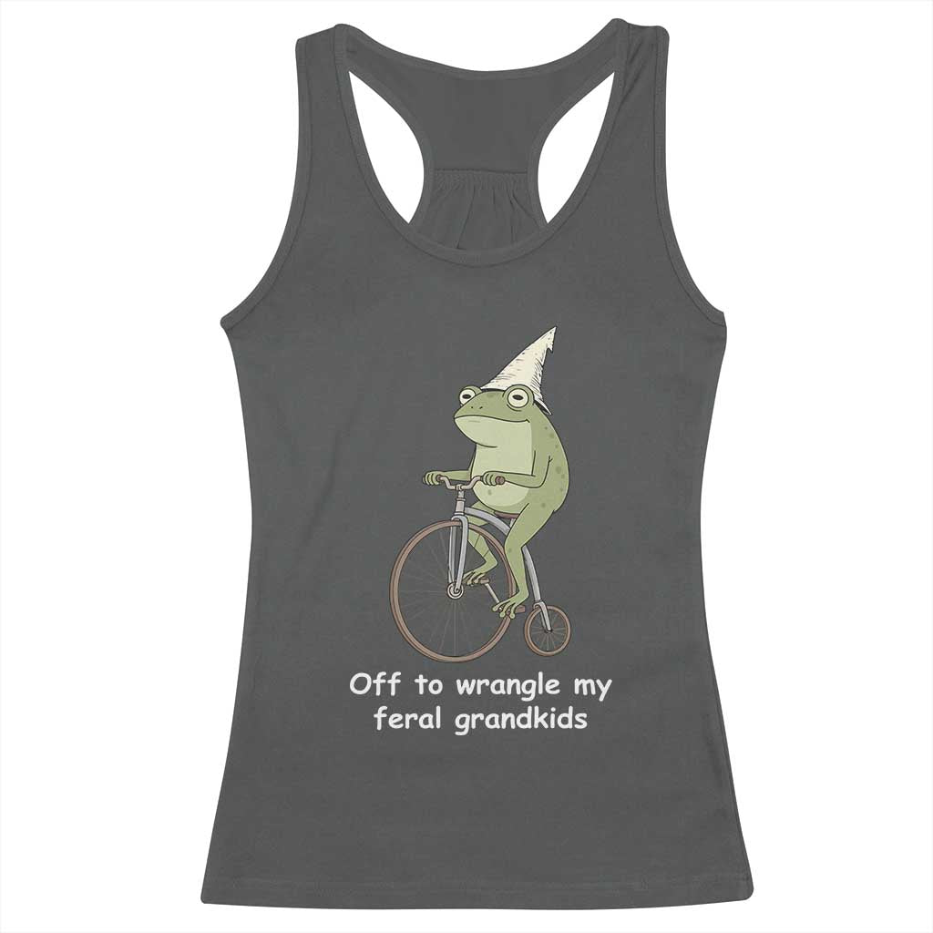 Off To Wrangle My Feral Grandkids Funny Grandparents Frog Racerback Tank Top TS11 Dark Heather Print Your Wear