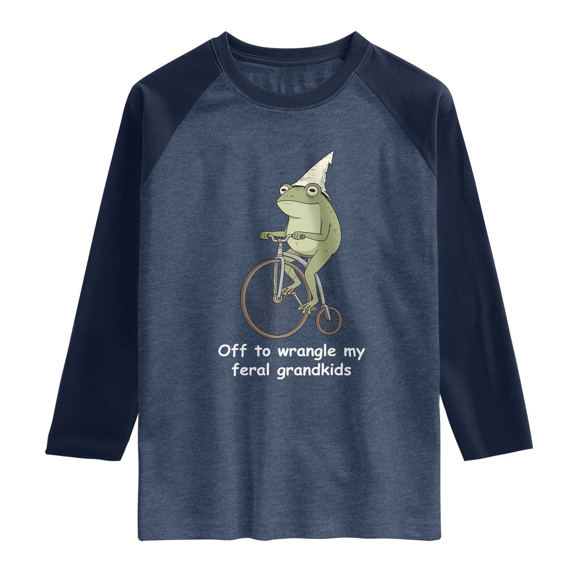 Off To Wrangle My Feral Grandkids Funny Grandparents Frog Raglan Shirt TS11 Heather Denim Navy Print Your Wear