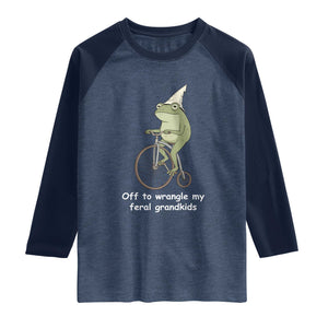 Off To Wrangle My Feral Grandkids Funny Grandparents Frog Raglan Shirt TS11 Heather Denim Navy Print Your Wear