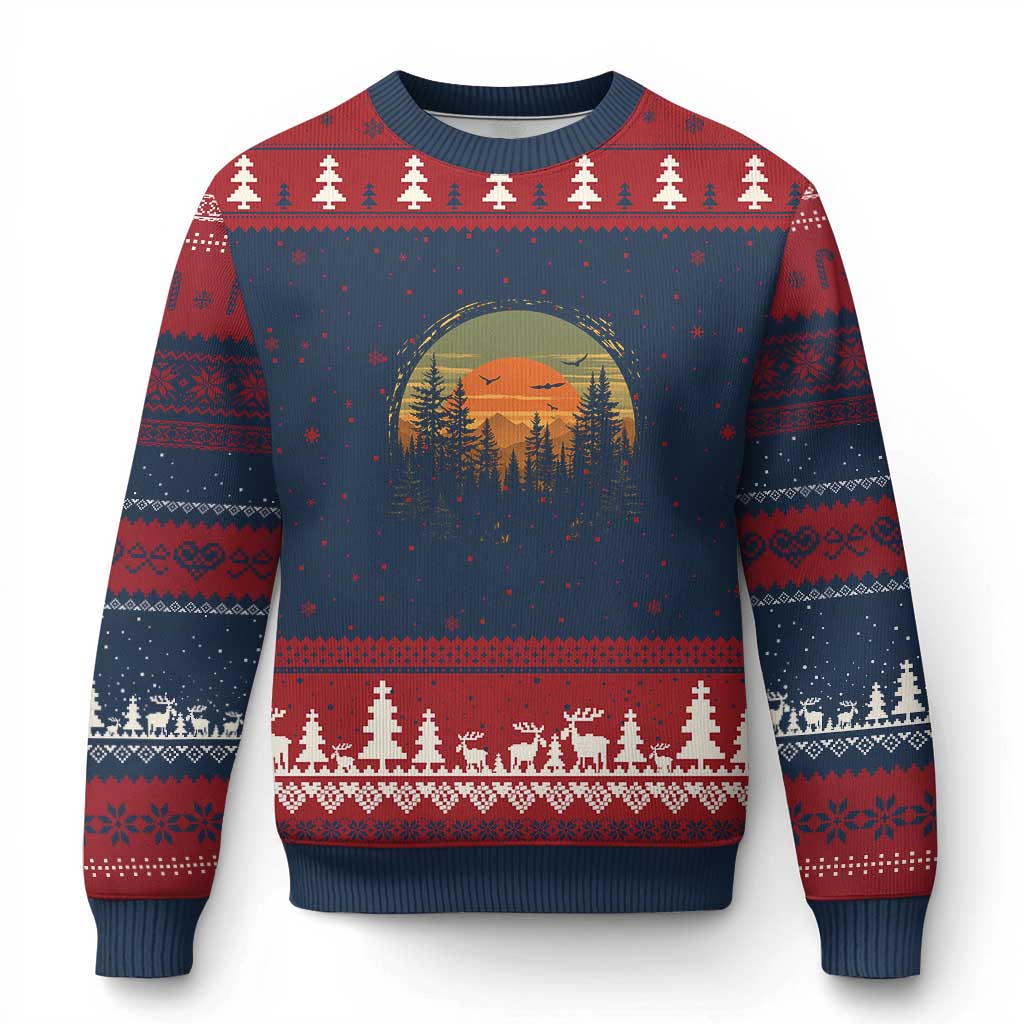 Retro Forest Trees Outdoors Nature Lover Ugly Christmas Sweater TS11 Navy Red Print Your Wear