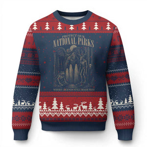 Protect Our National Parks Funny Cryptid Weirdcore Ugly Christmas Sweater Where Legends Still Roam Free Bigfoot Monthman