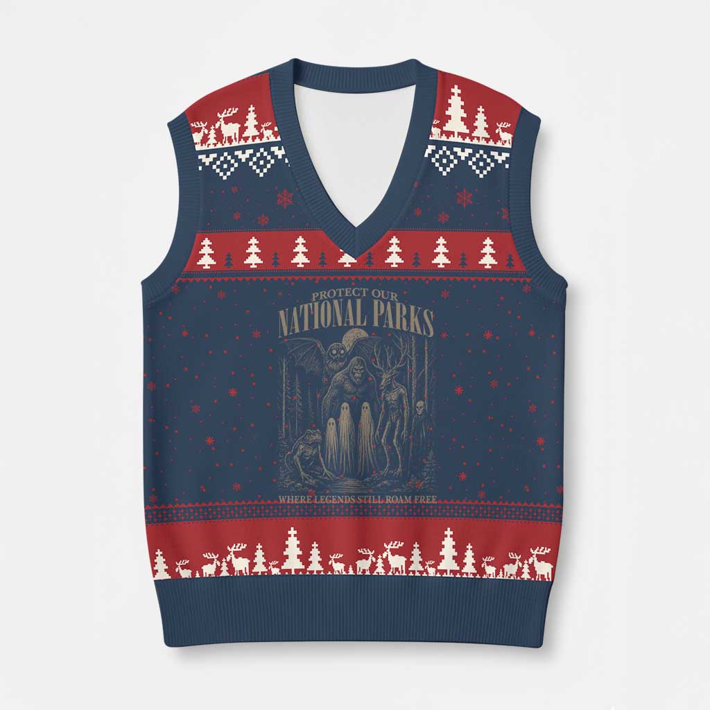 Protect Our National Parks Funny Cryptid Weirdcore V-Neck Knit Sweater Vest Where Legends Still Roam Free Bigfoot Monthman TS11 Navy Red Print Your Wear