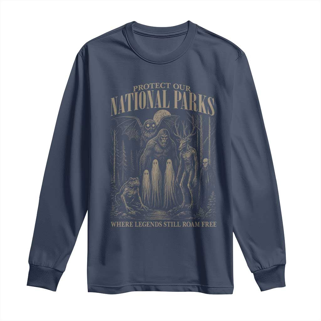 Protect Our National Parks Funny Cryptid Weirdcore Long Sleeve Shirt Where Legends Still Roam Free Bigfoot Monthman