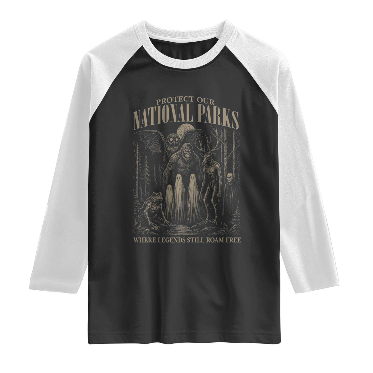 Protect Our National Parks Funny Cryptid Weirdcore Raglan Shirt Where Legends Still Roam Free Bigfoot Monthman