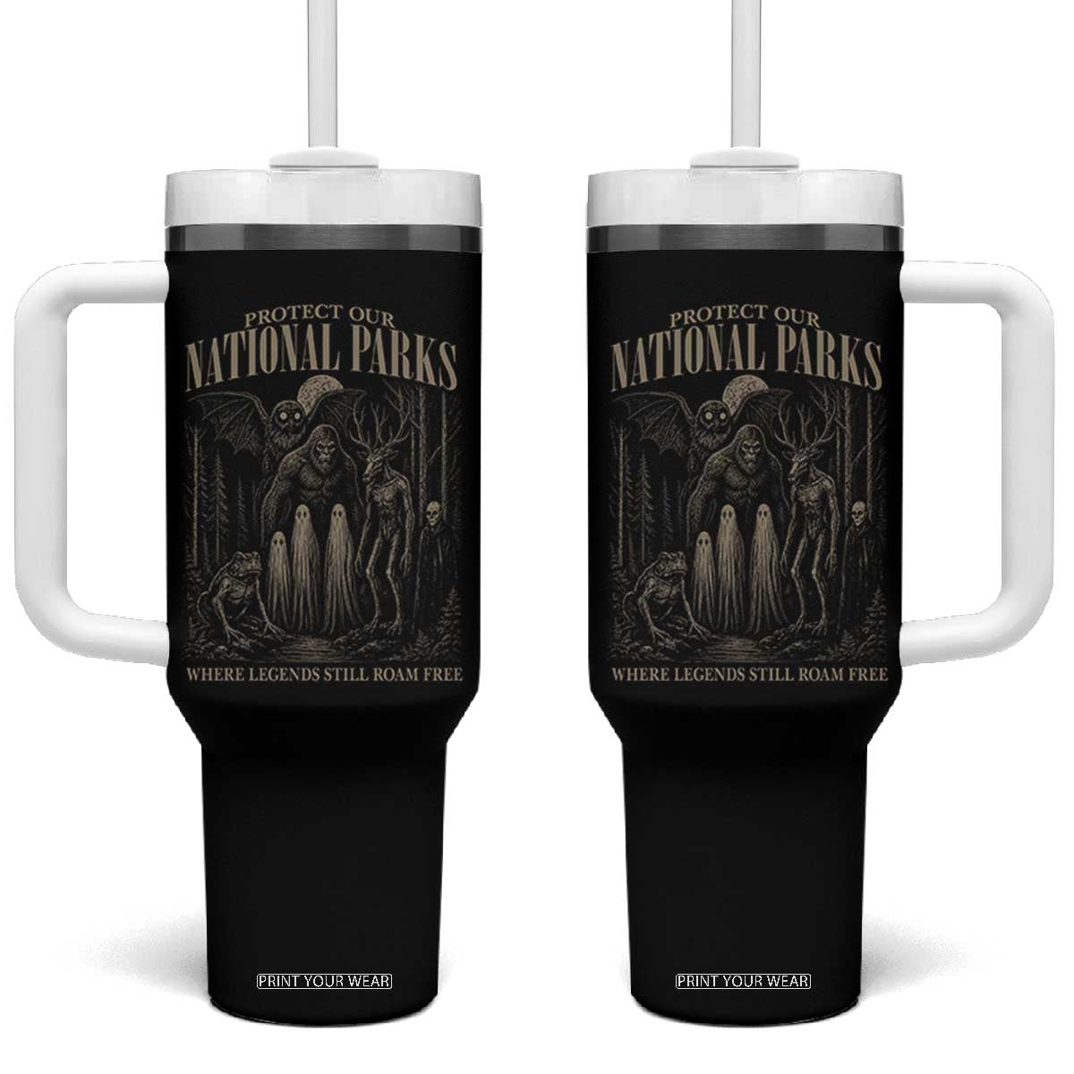 Protect Our National Parks Funny Cryptid Weirdcore Tumbler With Handle Where Legends Still Roam Free Bigfoot Monthman