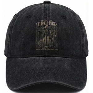 Protect Our National Parks Funny Cryptid Weirdcore Washed Cotton Baseball Cap Where Legends Still Roam Free Bigfoot Monthman