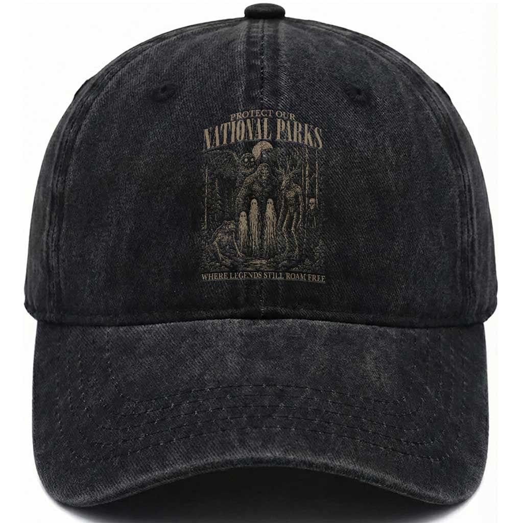 Protect Our National Parks Funny Cryptid Weirdcore Washed Cotton Baseball Cap Where Legends Still Roam Free Bigfoot Monthman TS11 Print Your Wear