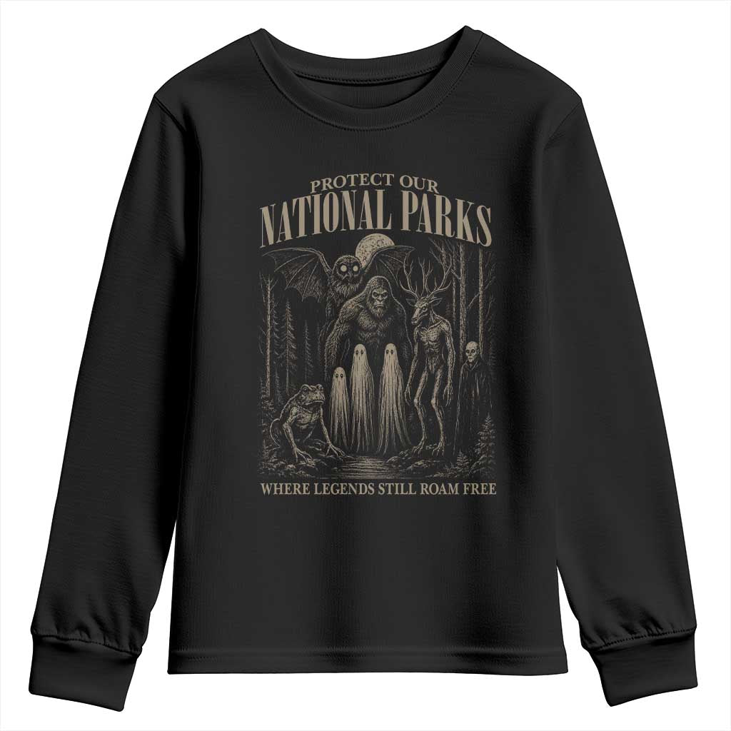 Protect Our National Parks Funny Cryptid Weirdcore Youth Sweatshirt Where Legends Still Roam Free Bigfoot Monthman TS11 Black Print Your Wear