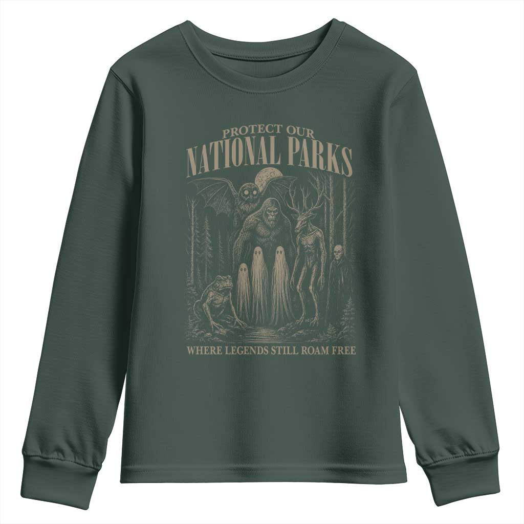Protect Our National Parks Funny Cryptid Weirdcore Youth Sweatshirt Where Legends Still Roam Free Bigfoot Monthman