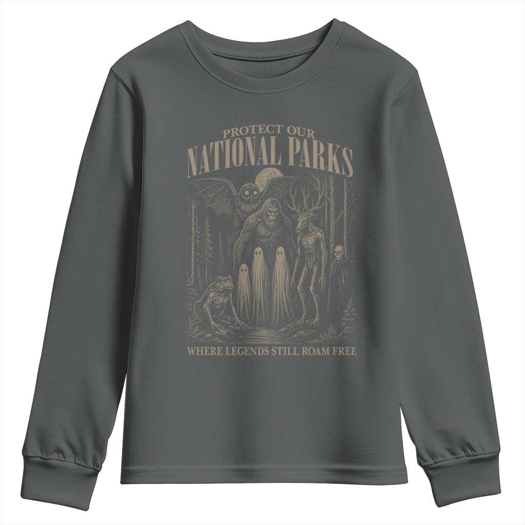 Protect Our National Parks Funny Cryptid Weirdcore Youth Sweatshirt Where Legends Still Roam Free Bigfoot Monthman