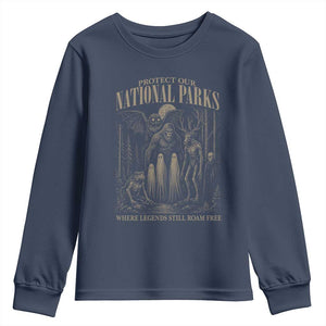 Protect Our National Parks Funny Cryptid Weirdcore Youth Sweatshirt Where Legends Still Roam Free Bigfoot Monthman