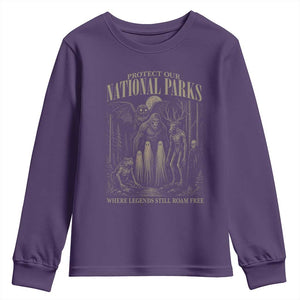 Protect Our National Parks Funny Cryptid Weirdcore Youth Sweatshirt Where Legends Still Roam Free Bigfoot Monthman
