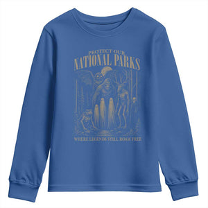 Protect Our National Parks Funny Cryptid Weirdcore Youth Sweatshirt Where Legends Still Roam Free Bigfoot Monthman