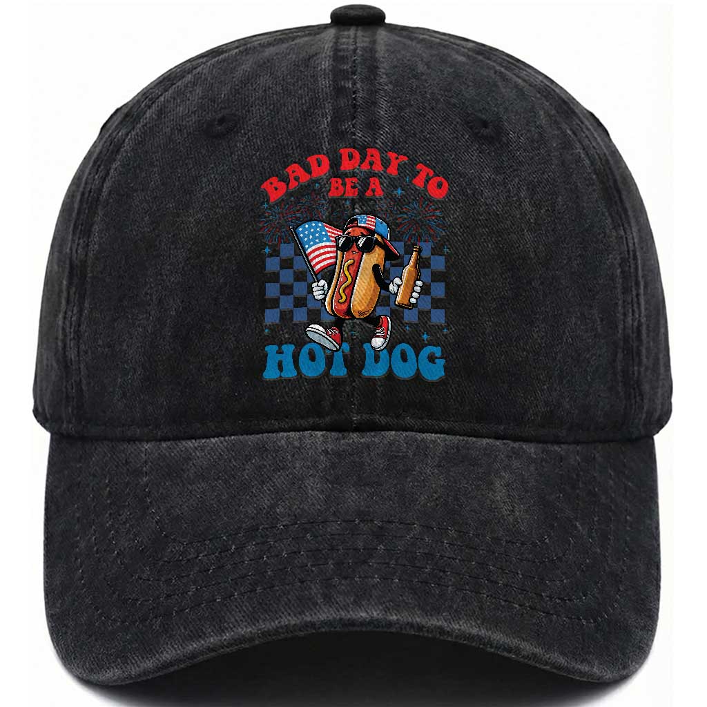 Bad Day To Be A Hot Dog 4th of July Washed Cotton Baseball Cap Funny BBQ Grilling