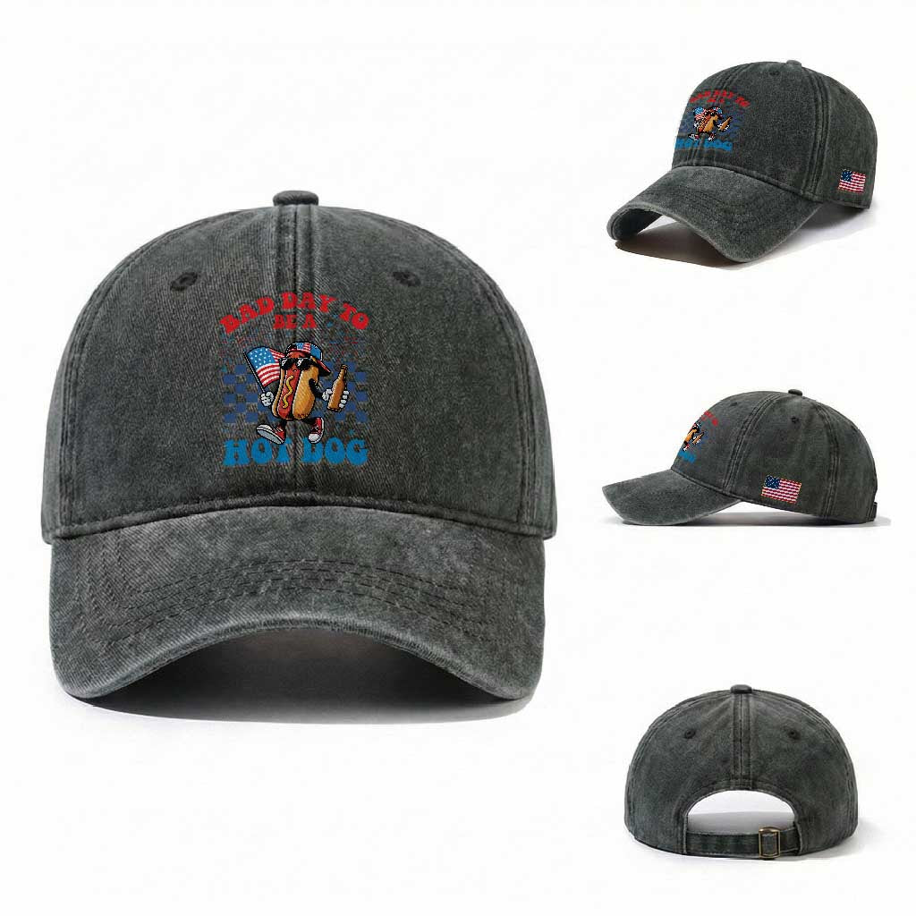 Bad Day To Be A Hot Dog 4th of July Washed Cotton Baseball Cap Funny BBQ Grilling