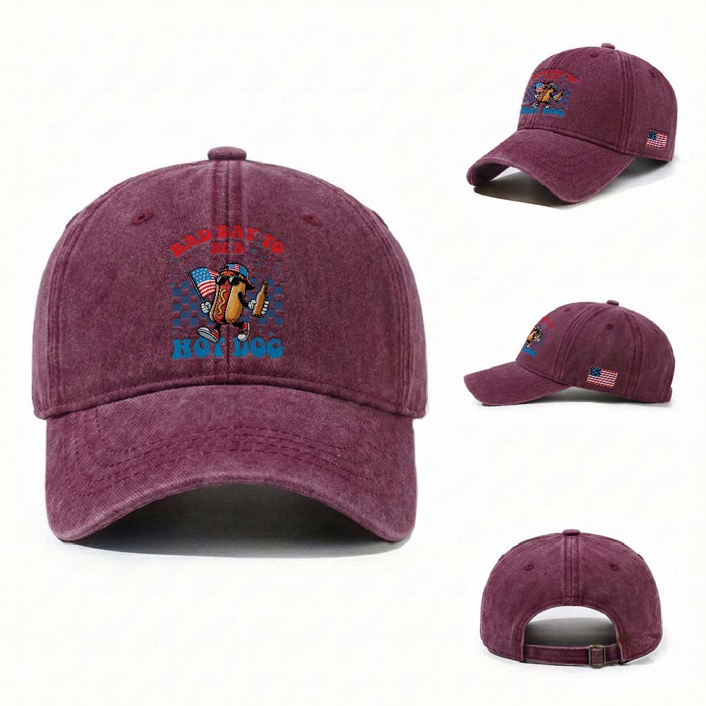 Bad Day To Be A Hot Dog 4th of July Washed Cotton Baseball Cap Funny BBQ Grilling