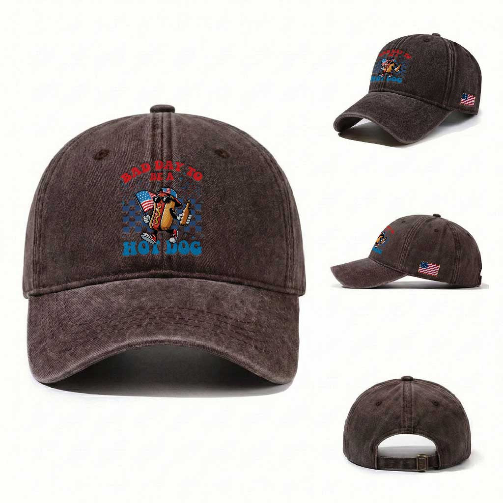Bad Day To Be A Hot Dog 4th of July Washed Cotton Baseball Cap Funny BBQ Grilling