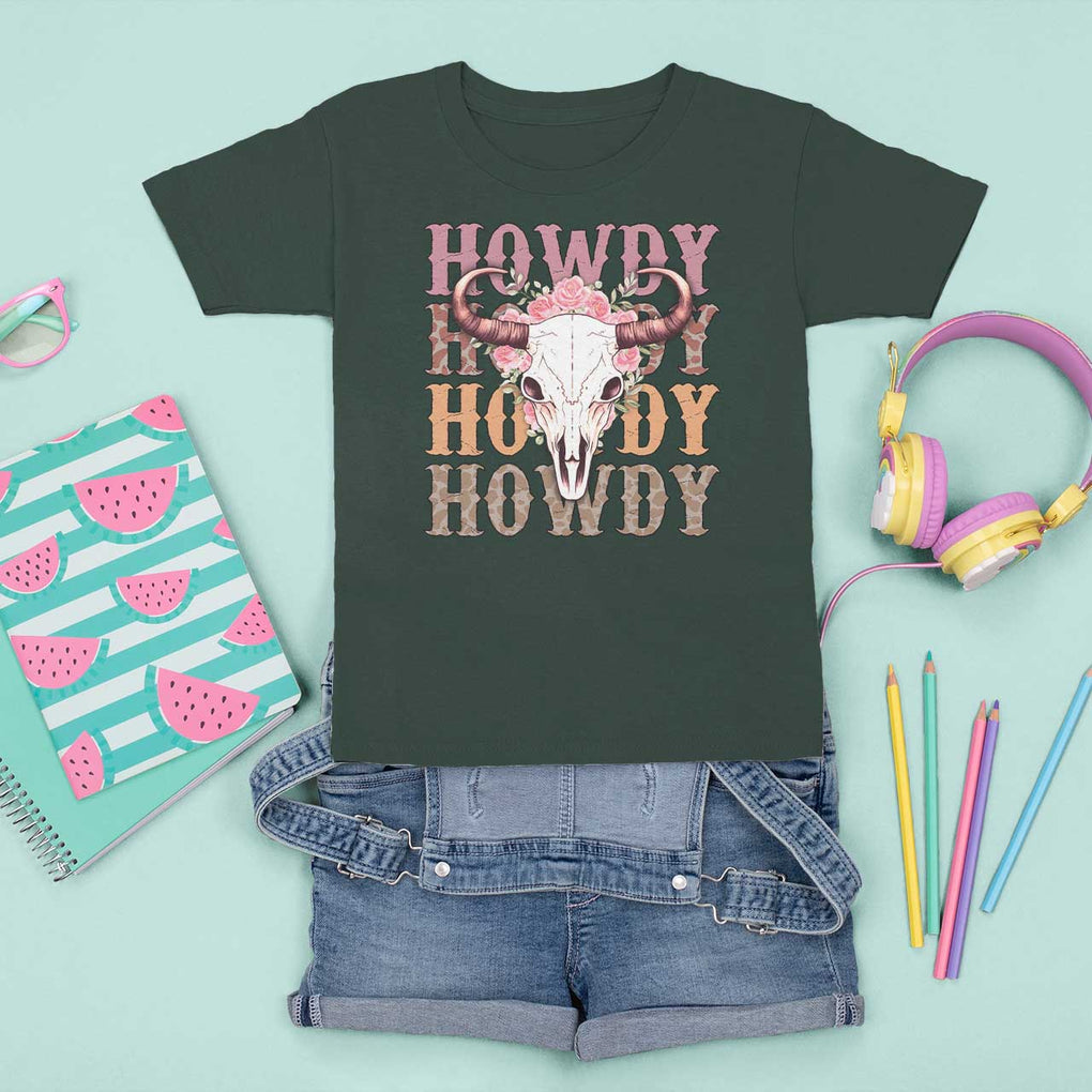 Country Cowgirl T Shirt For Kid Howdy Rodeo Cowboy Flower Skull TS11 Dark Forest Green Print Your Wear