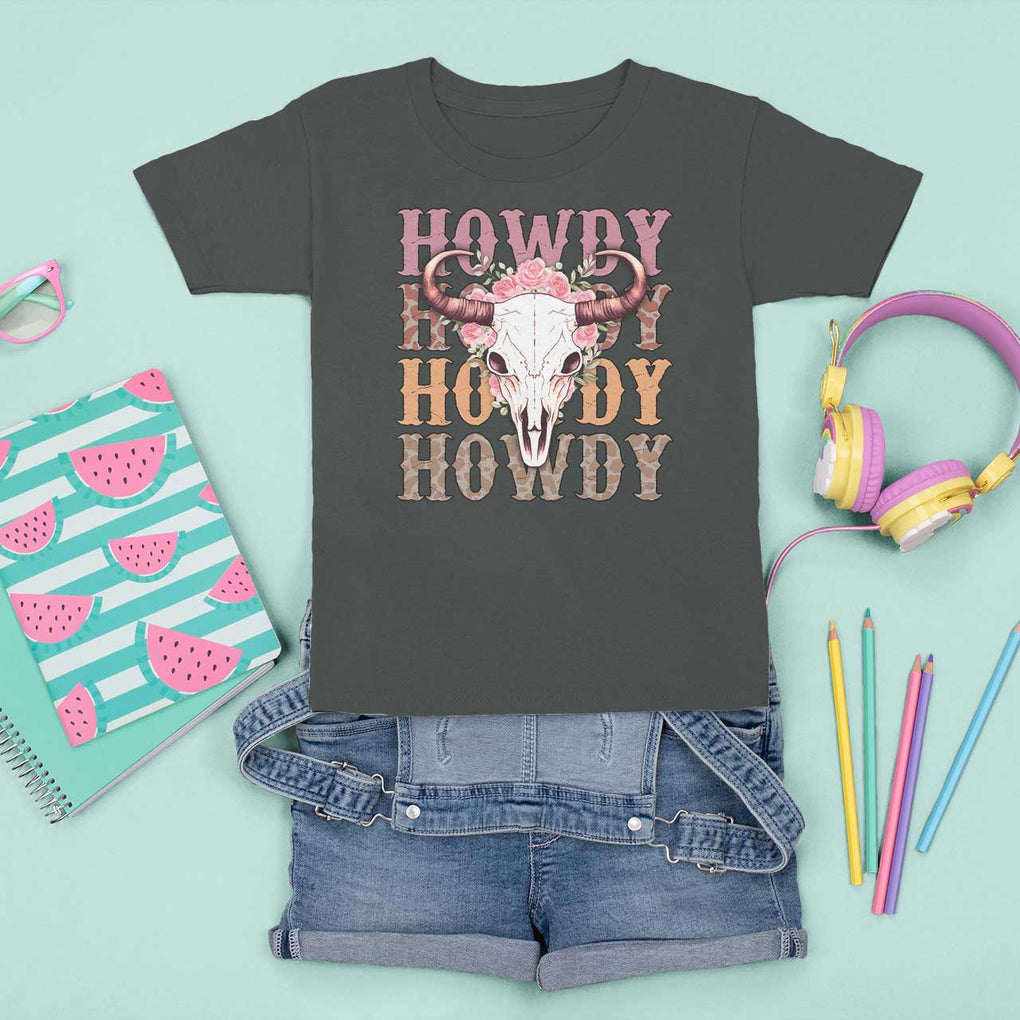 Country Cowgirl T Shirt For Kid Howdy Rodeo Cowboy Flower Skull TS11 Dark Heather Print Your Wear