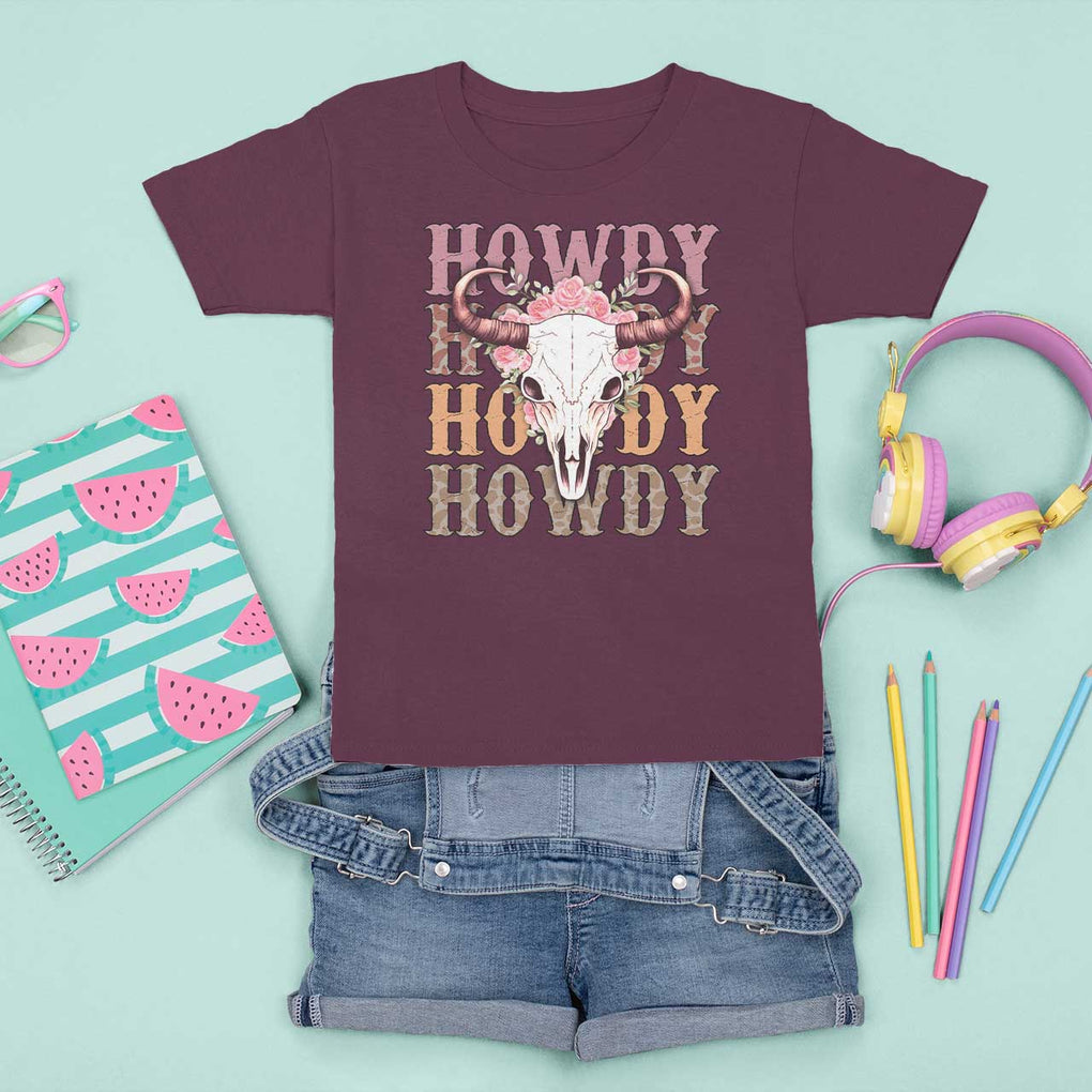 Country Cowgirl T Shirt For Kid Howdy Rodeo Cowboy Flower Skull TS11 Maroon Print Your Wear