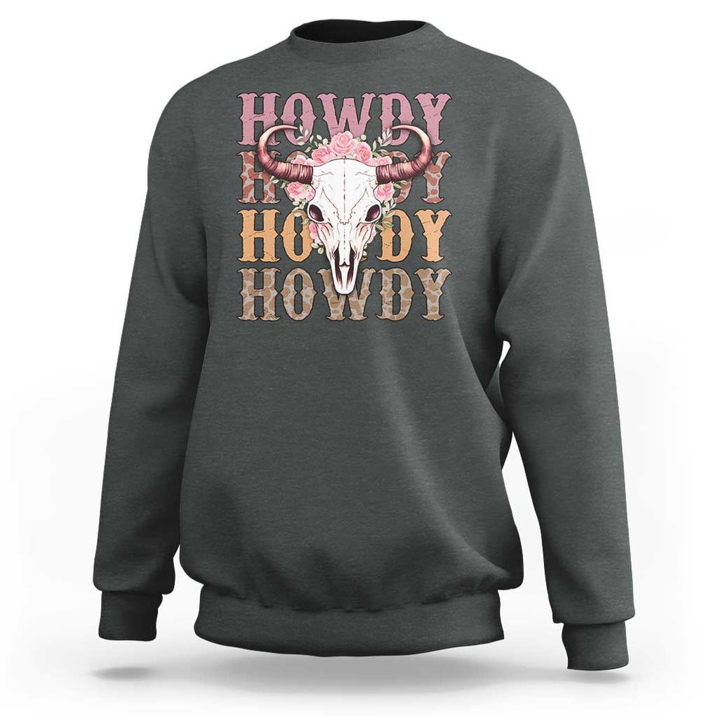 Country Cowgirl Sweatshirt Howdy Rodeo Cowboy Flower Skull TS11 Dark Heather Print Your Wear