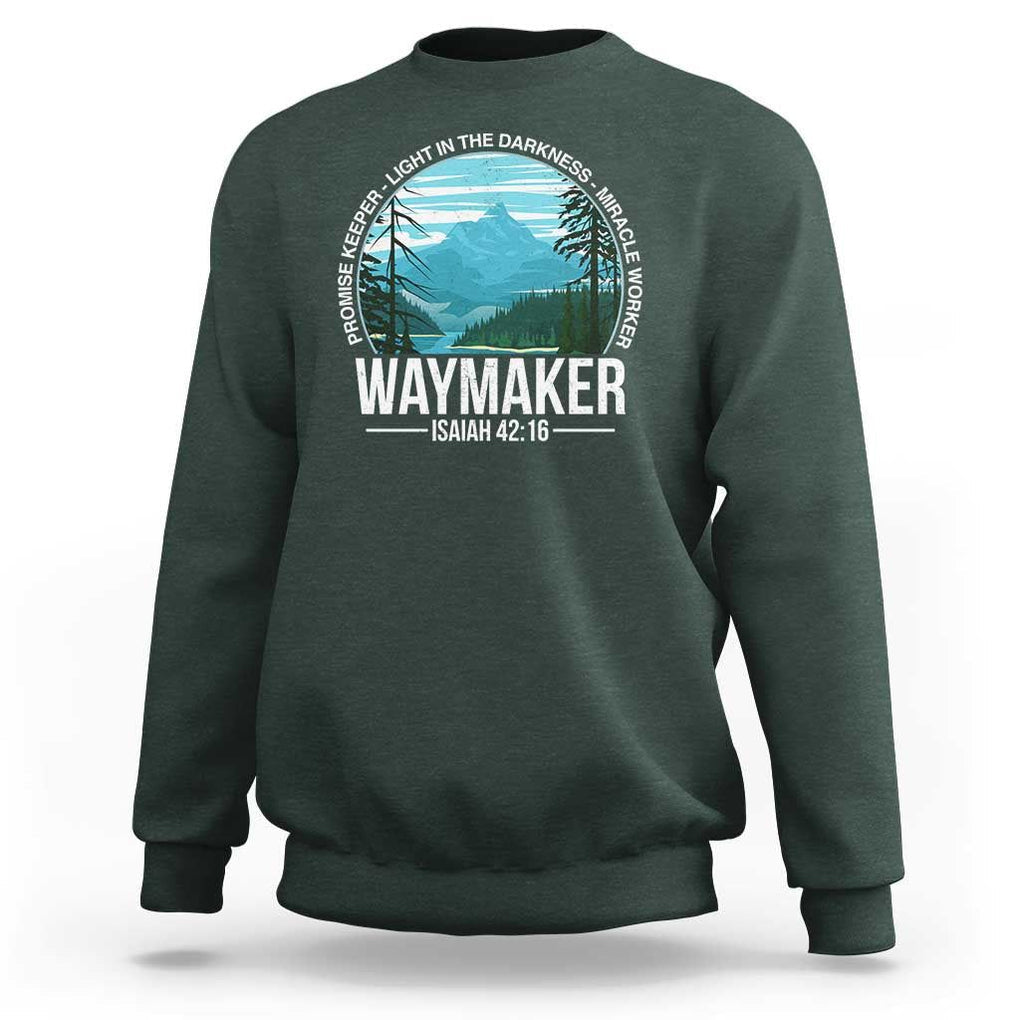 Christian Sweatshirt Waymaker Promise Keeper Light In The Darkness Miracle Worker Bible Verse TS11 Dark Forest Green Print Your Wear