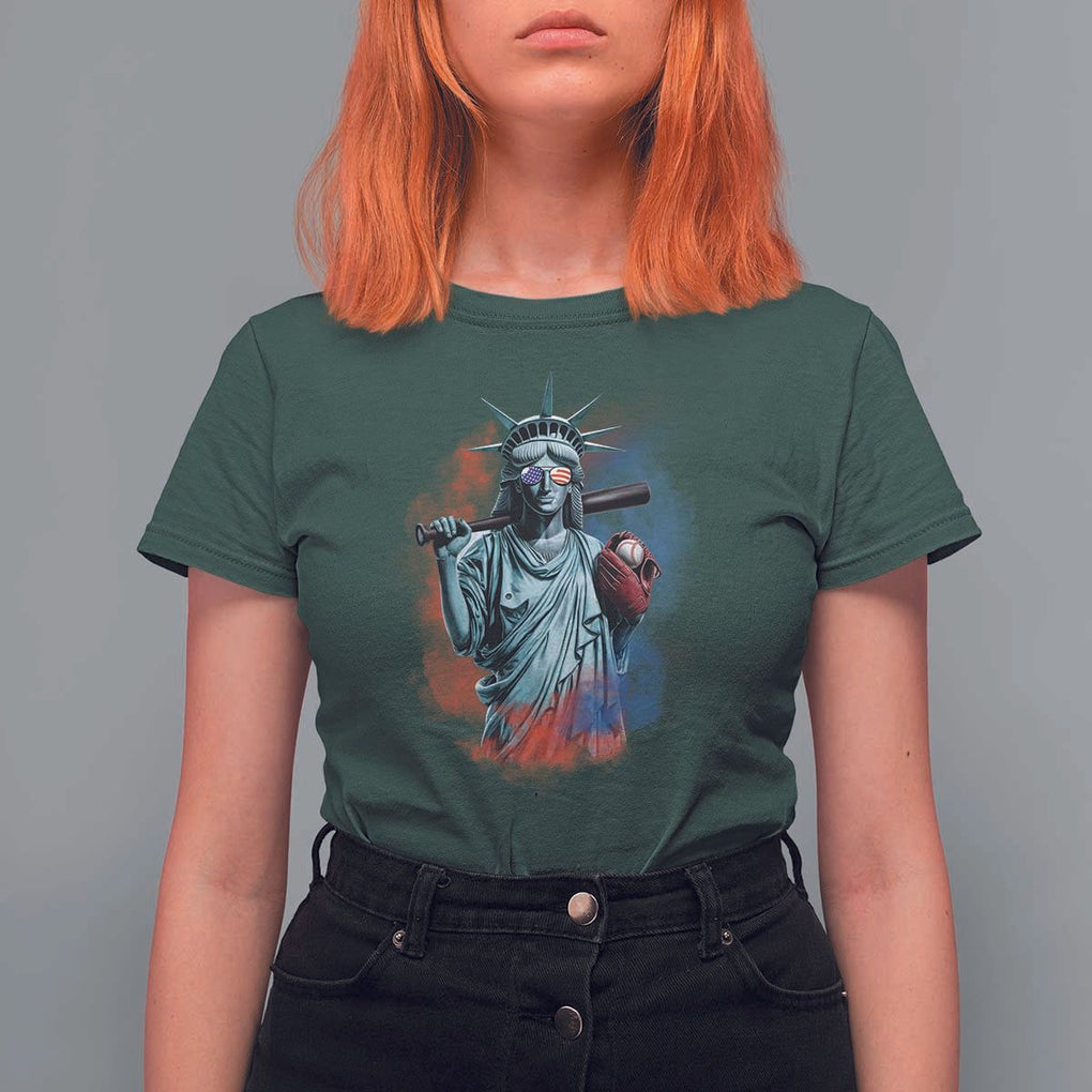 Funny Statue Of Liberty Baseball T Shirt For Women 4th Of July Sport Bat American TS11 Dark Forest Green Print Your Wear