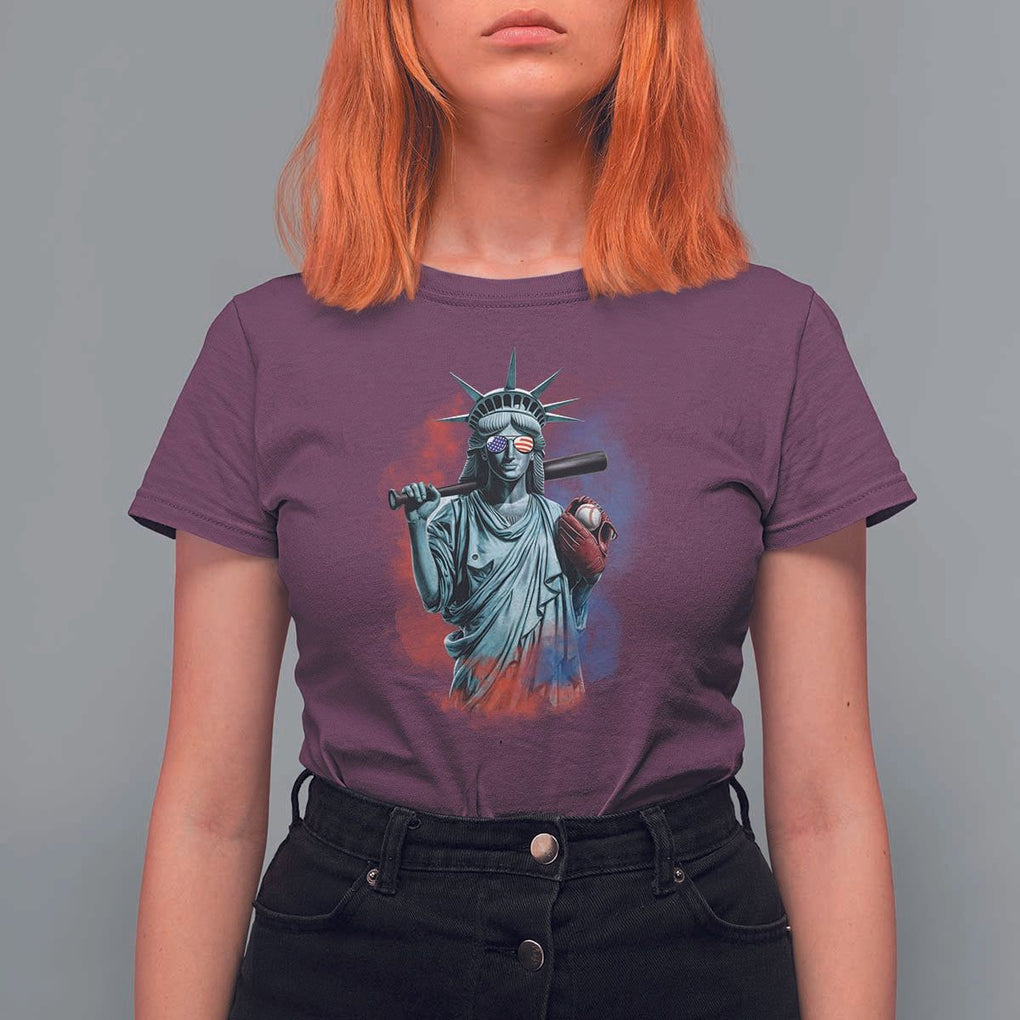 Funny Statue Of Liberty Baseball T Shirt For Women 4th Of July Sport Bat American TS11 Maroon Print Your Wear