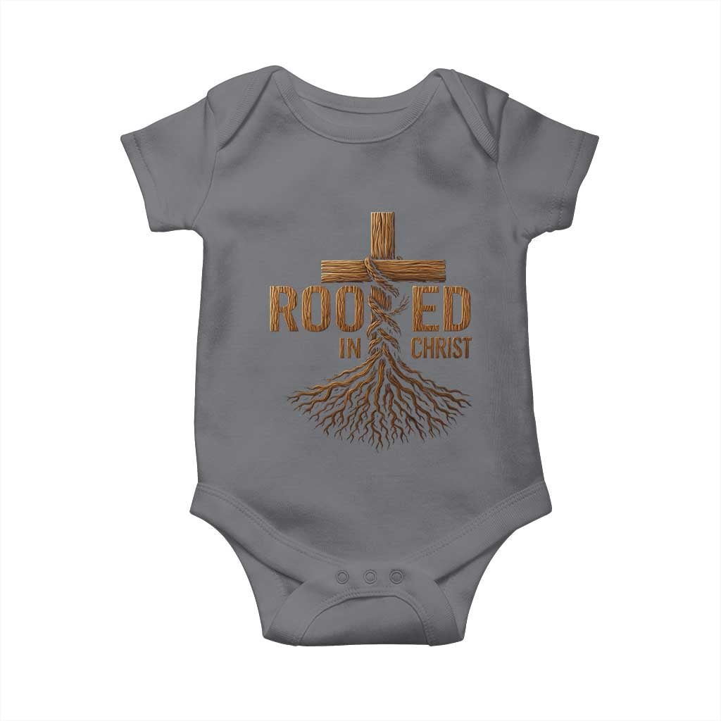 Rooted In Christ Baby Onesie Vintage Jesus Christian Cross Bible Verse TS11 Charcoal Print Your Wear