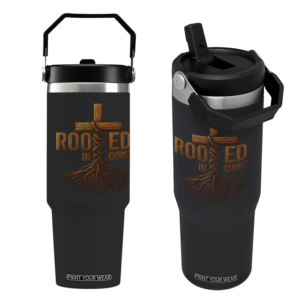 Rooted In Christ Flip Straw Tumbler Vintage Jesus Christian Cross Bible Verse TS11 One Size: 30 oz Black Print Your Wear