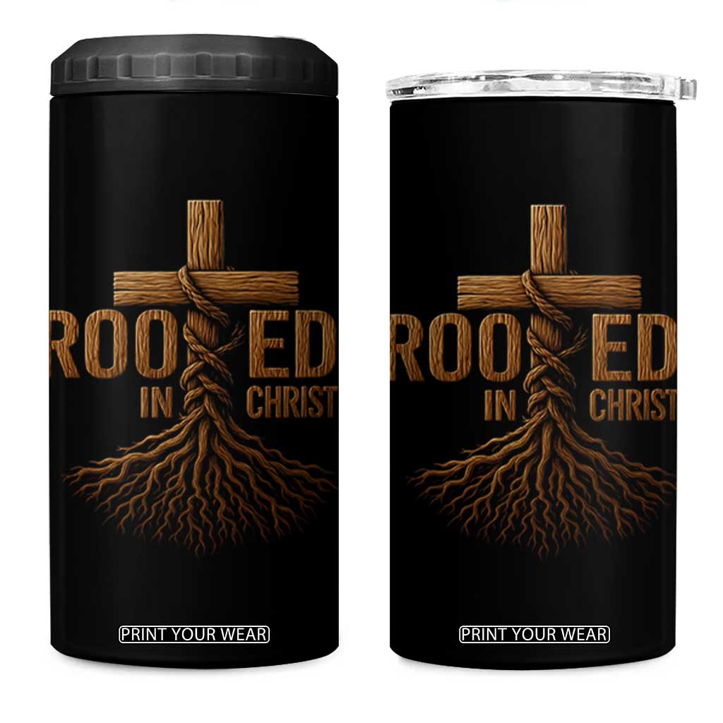 Rooted In Christ 4 in 1 Can Cooler Tumbler Vintage Jesus Christian Cross Bible Verse TS11 One Size: 16 oz Black Print Your Wear