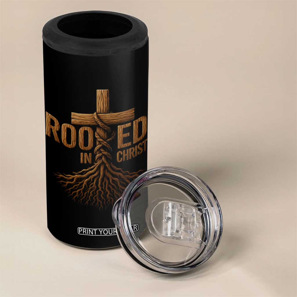 Rooted In Christ 4 in 1 Can Cooler Tumbler Vintage Jesus Christian Cross Bible Verse TS11 Print Your Wear