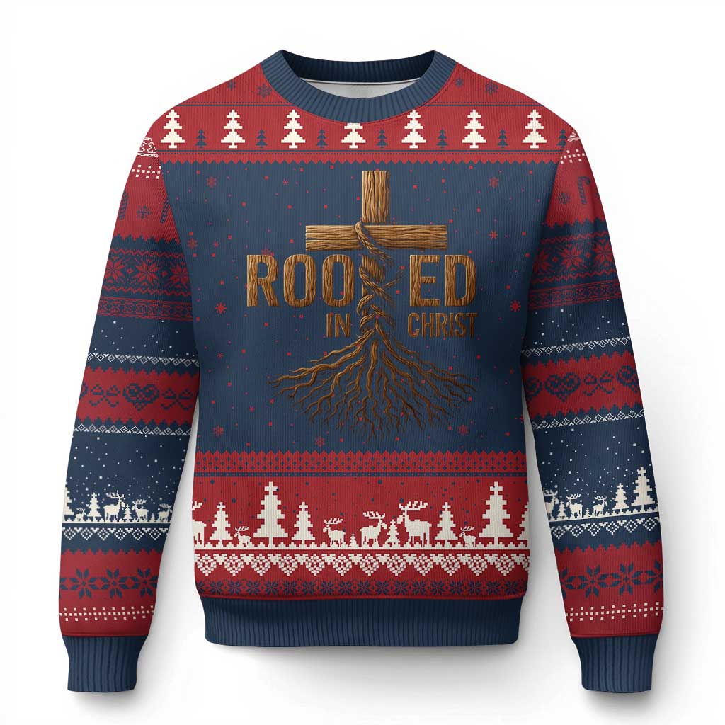 Rooted In Christ Ugly Christmas Sweater Vintage Jesus Christian Cross Bible Verse - Print Your Wear