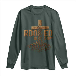 Rooted In Christ Long Sleeve Shirt Vintage Jesus Christian Cross Bible Verse TS11 Dark Forest Green Print Your Wear