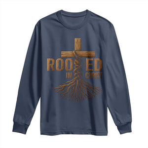Rooted In Christ Long Sleeve Shirt Vintage Jesus Christian Cross Bible Verse TS11 Navy Print Your Wear