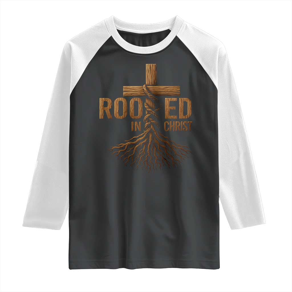Rooted In Christ Raglan Shirt Vintage Jesus Christian Cross Bible Verse TS11 Black White Print Your Wear