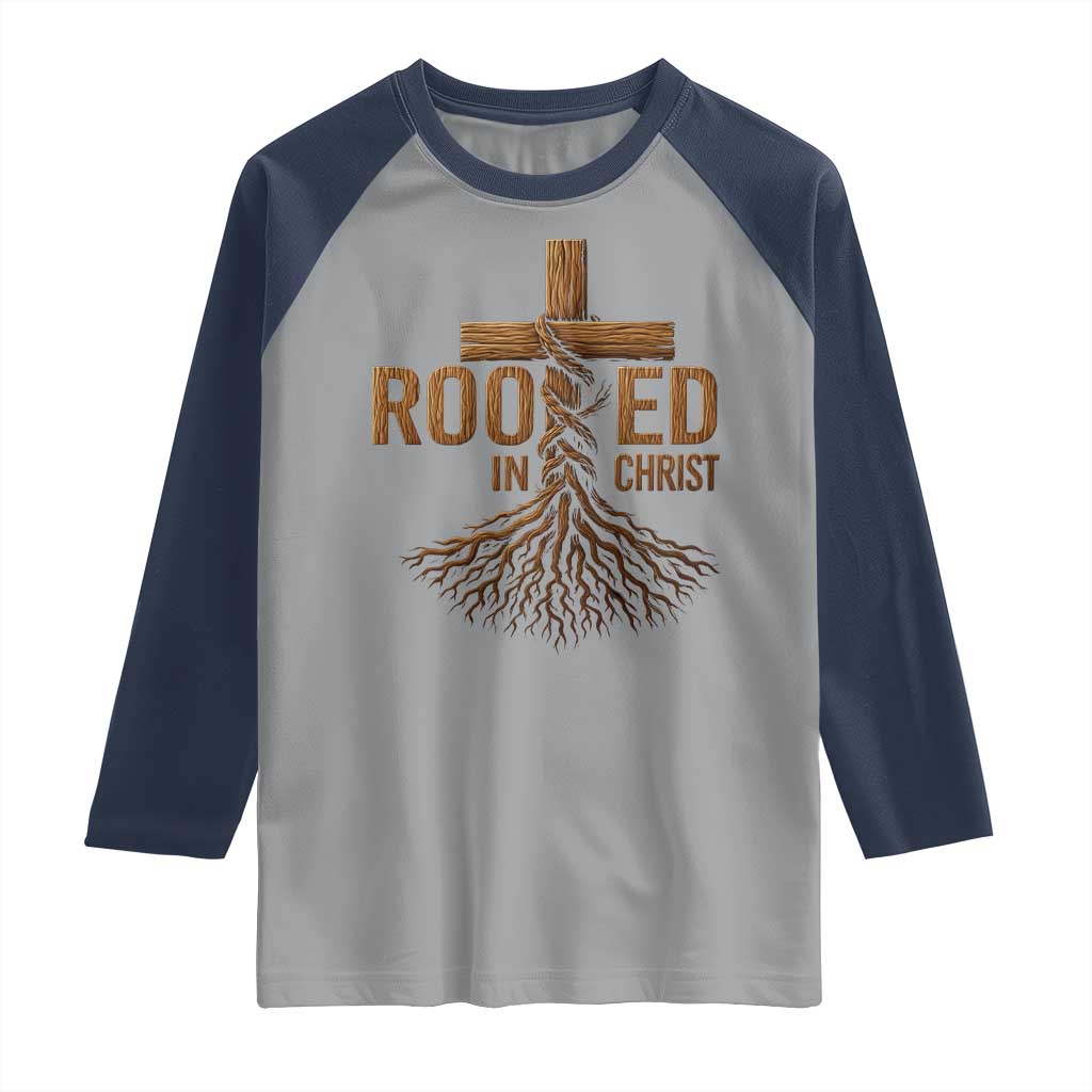 Rooted In Christ Raglan Shirt Vintage Jesus Christian Cross Bible Verse TS11 Sport Gray Navy Print Your Wear