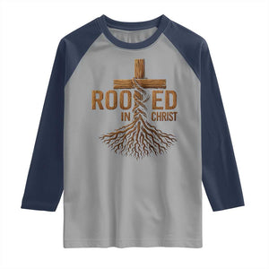 Rooted In Christ Raglan Shirt Vintage Jesus Christian Cross Bible Verse TS11 Sport Gray Navy Print Your Wear