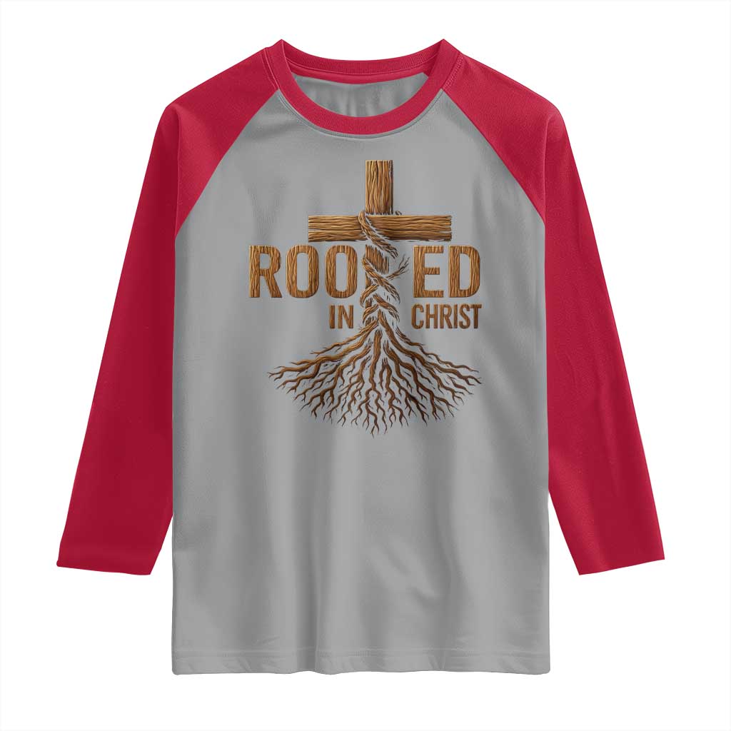 Rooted In Christ Raglan Shirt Vintage Jesus Christian Cross Bible Verse TS11 Sport Gray Red Print Your Wear